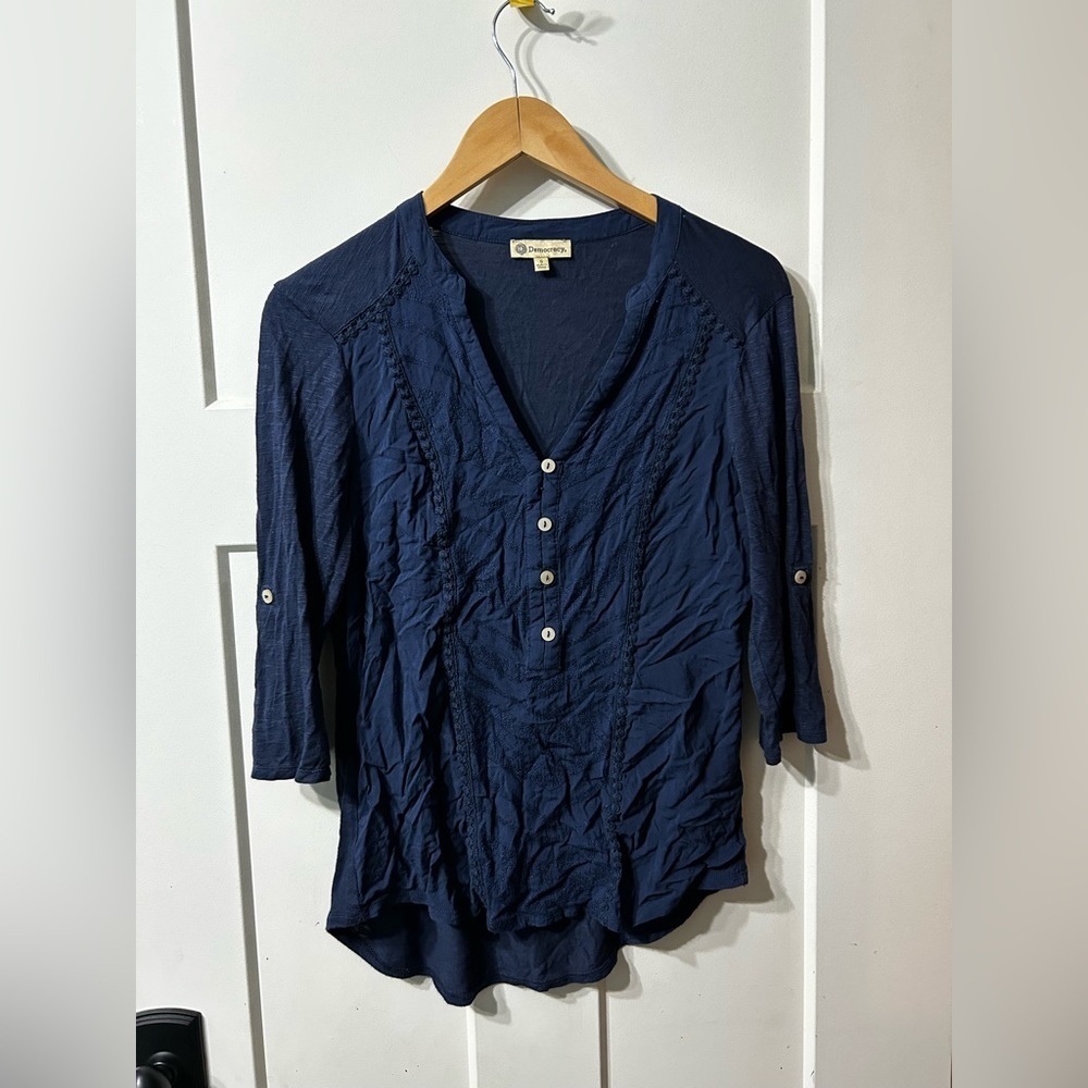Democracy Dark Navy Blue Women's 3/4 sleeve Blouse with Buttons Embroidery